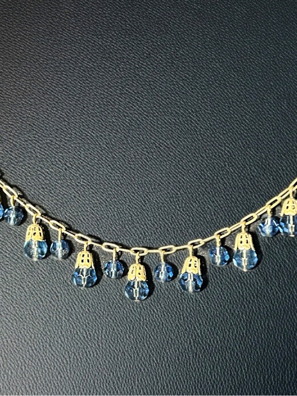 Vintage Liz Palacios Singed Necklace Blue Crystal Look Gold Tone Cascading Style